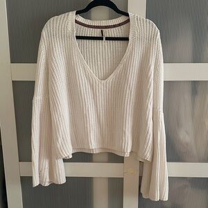 Free People White Knit V-Neck Sweater